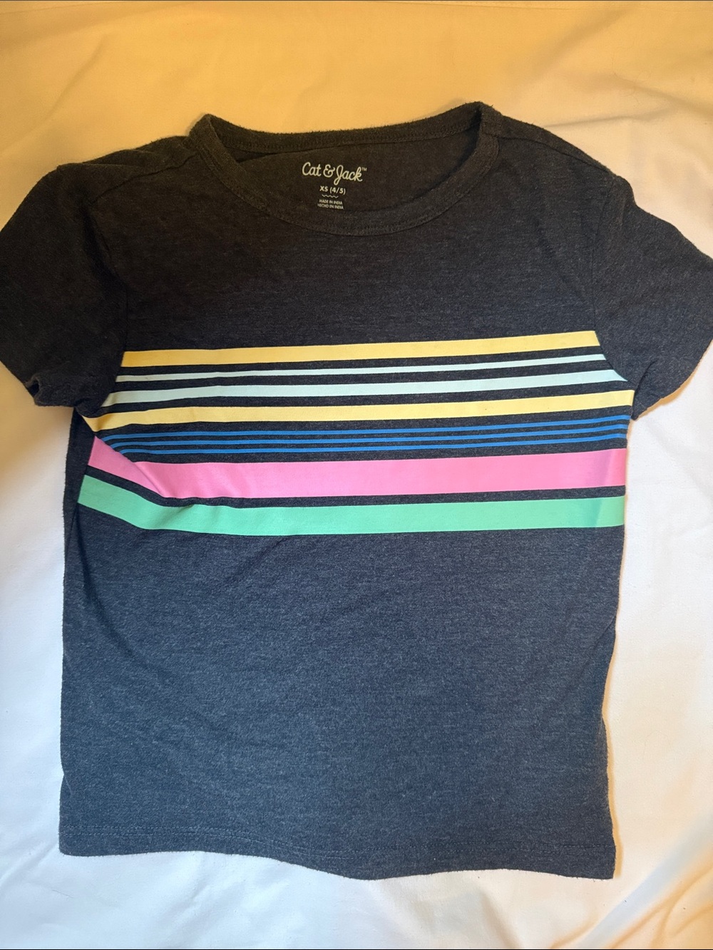 Cat & Jack Charcoal Tee with Yellow, Blue, Pink & Green Stripes xs 4/5
